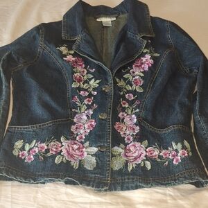 Soft Surroundings Blue Denim Jacket with Pink Floral Embroidery